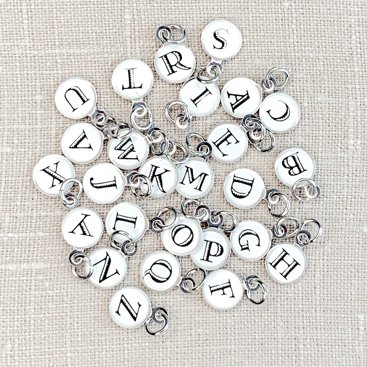 Silver Round White with Black Letters Alphabet Charms 26pc Set
